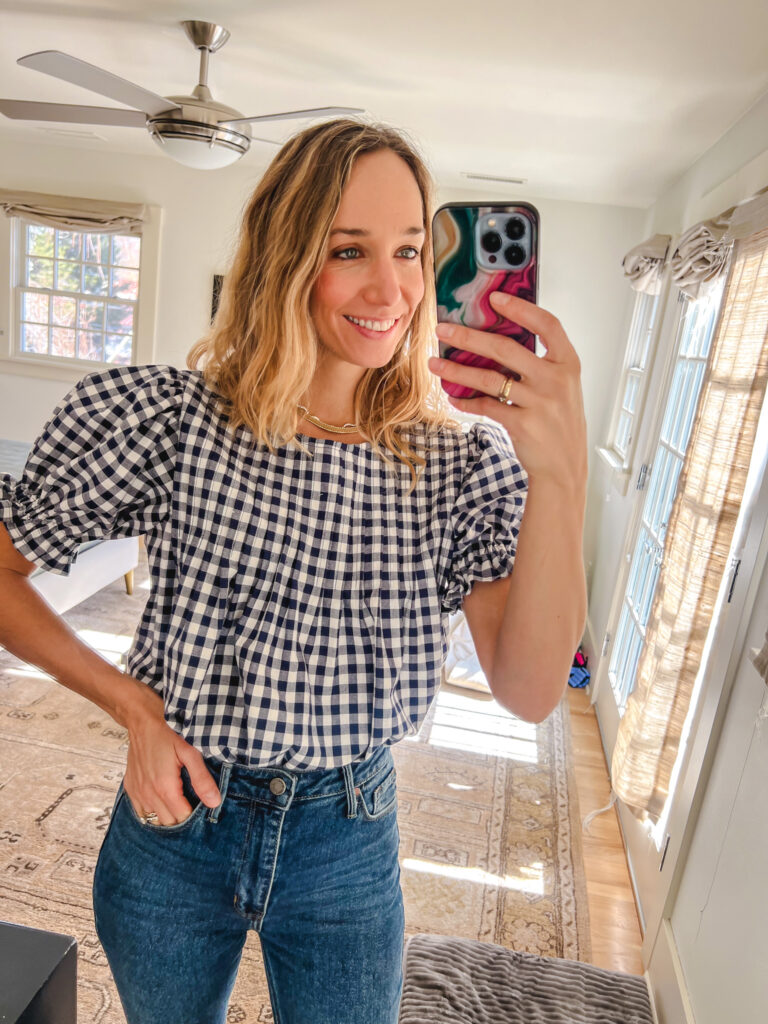 sewing pattern—pintuck, puff sleeve top, gingham top