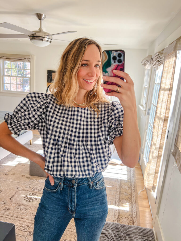 sewing pattern—pintuck, puff sleeve top, gingham top