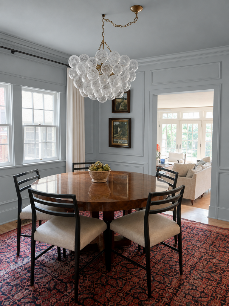 dining room with picture frame molding, red and blue persian rug and walls painted in farrow and ball's Parma Gray