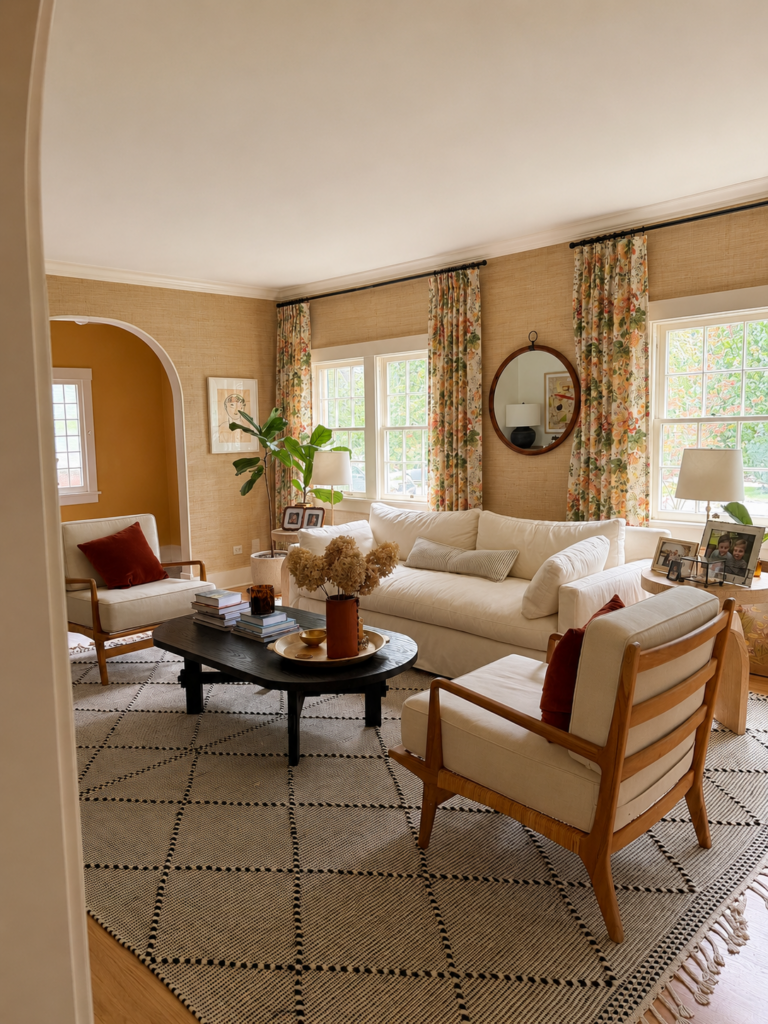 living room with grasscloth wallpaper, floral curtains and sunny windows