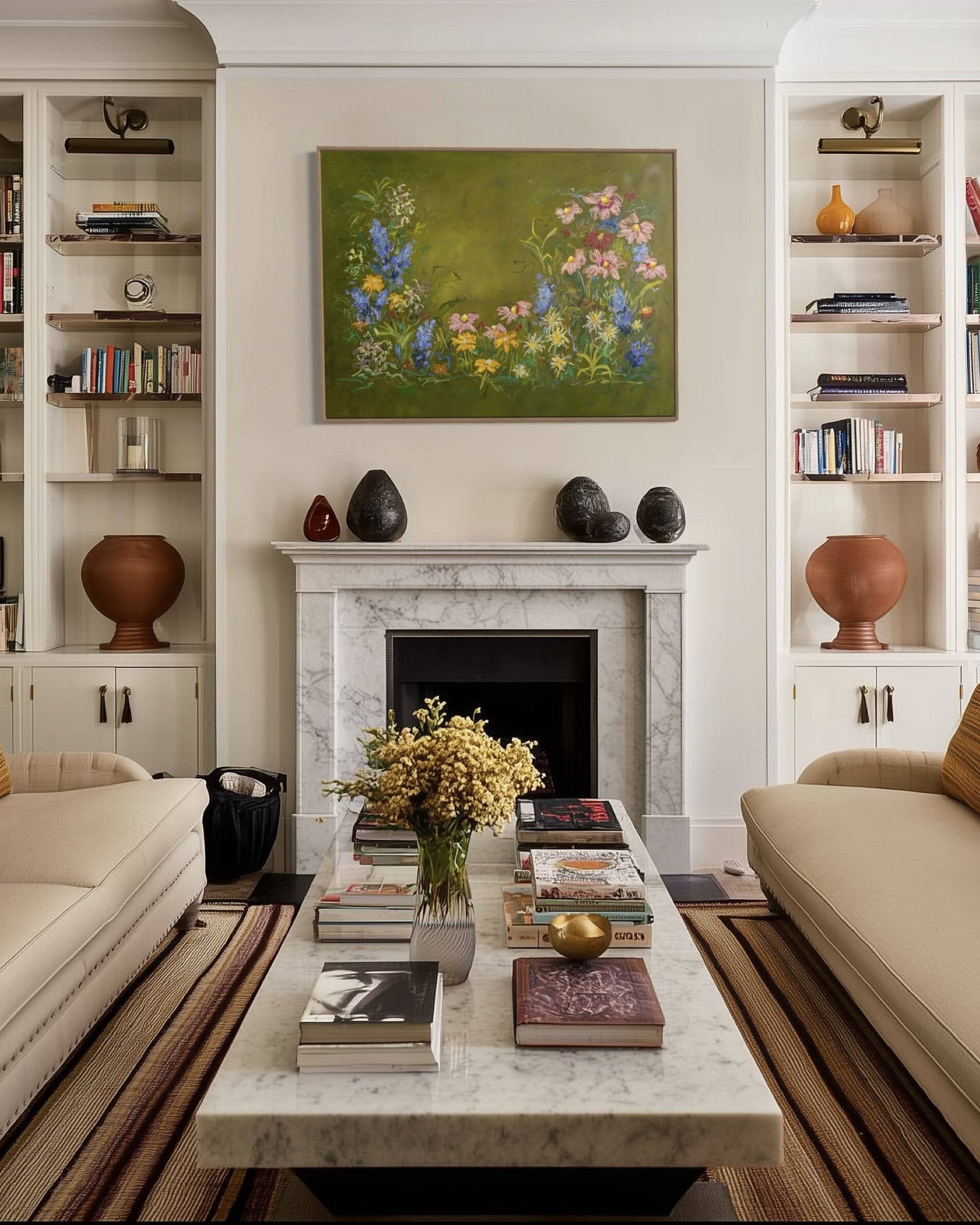 bright livinng room with marble fireplace, green botanical floral painting and shelves with collections of pottery and books